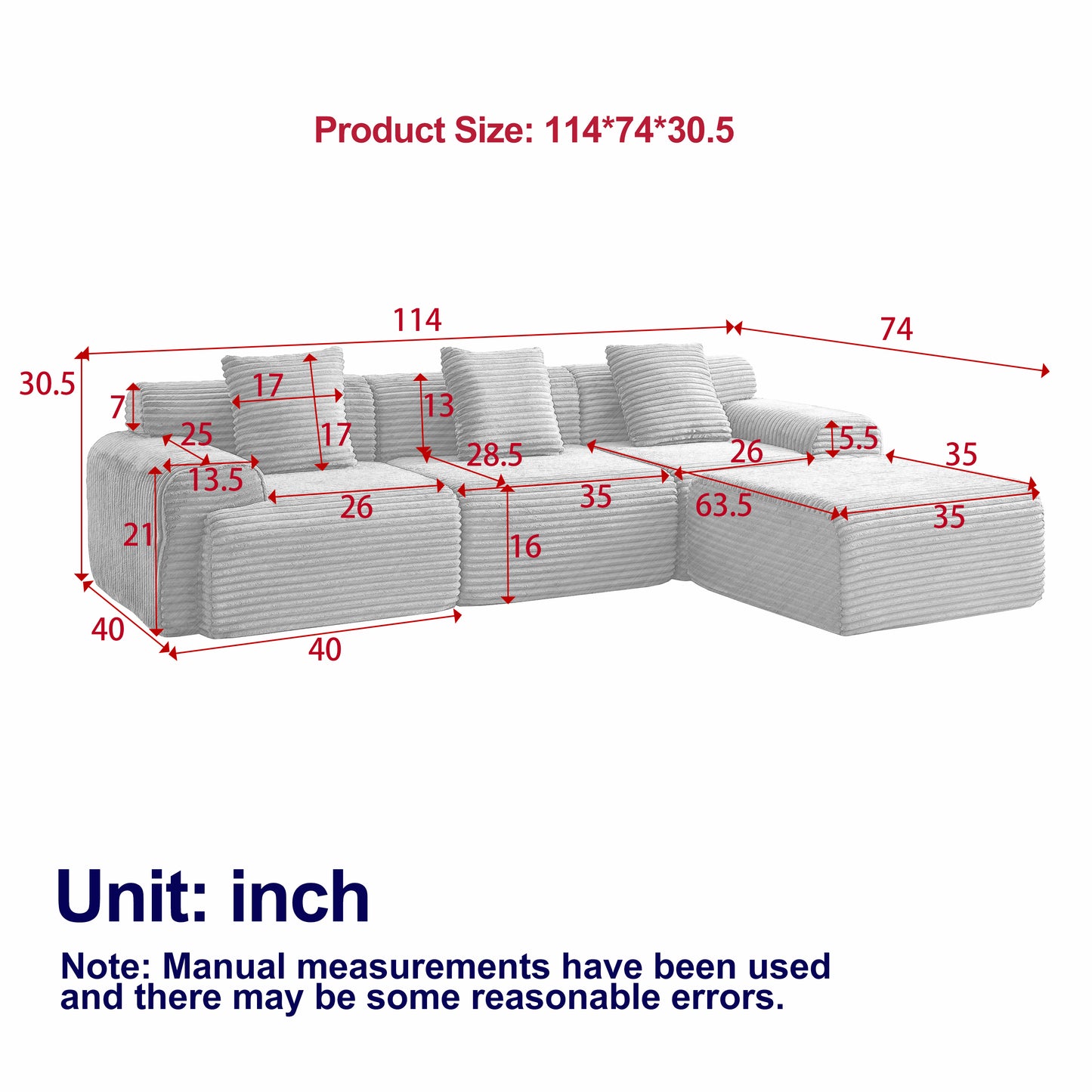 Corduroy Modular Boneless Couch with Throw Pillows
